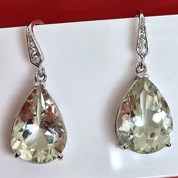 Natural Green Amethyst & Cz 925 Sterling Silver Earrings - Picture 5 of 7
